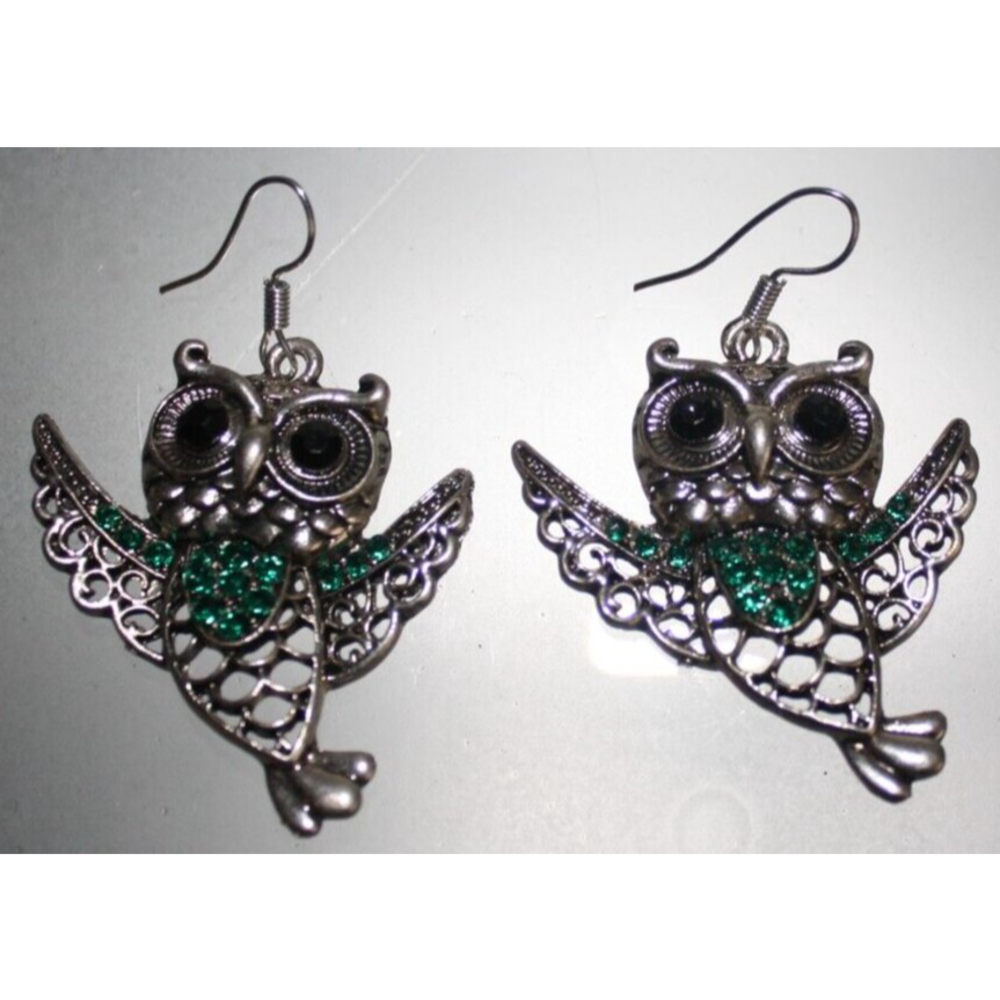 Silver Owl Earrings Black & Green Rhinestones Women's Fashion Jewelry NWT